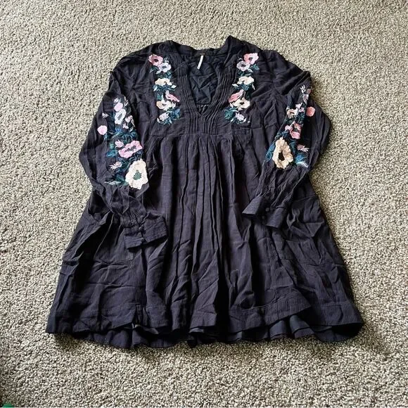 Woman’s Free People Black Smocked Mini Dress with Bishop Sleeves - Picture 1 of 10